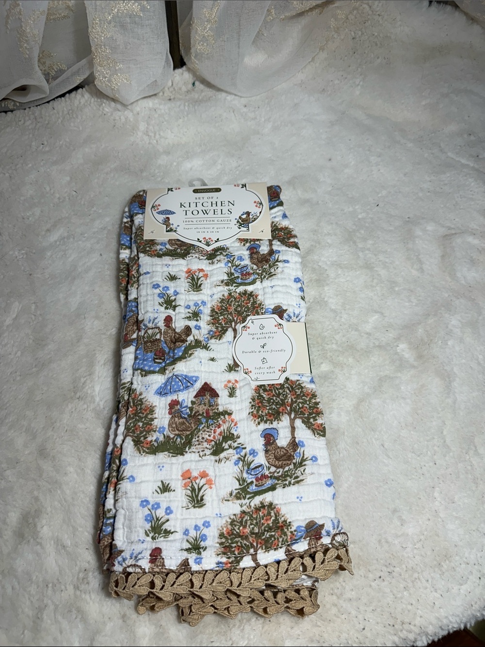 Envogue set of 2 100% cotton gauze kitchen towels with chicken decor